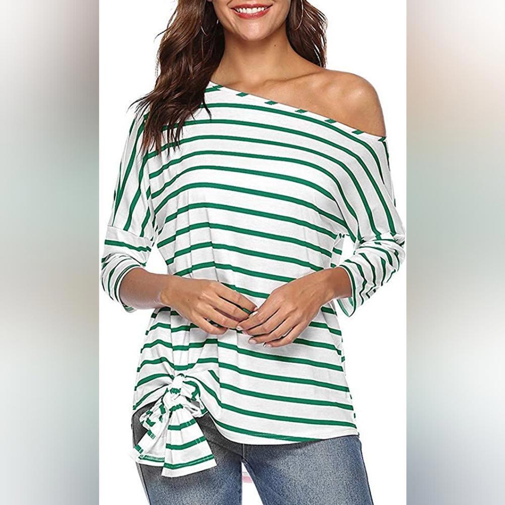 Striped Shirts Off Shoulder Blouse Tunics Tie Front Knot 3/4 Sleeve Loose Tops